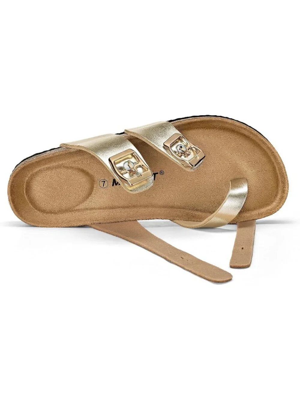 Women's Gold Double Adjustable Buckle Slide Cork Footbed Slip On Sandal Shoes